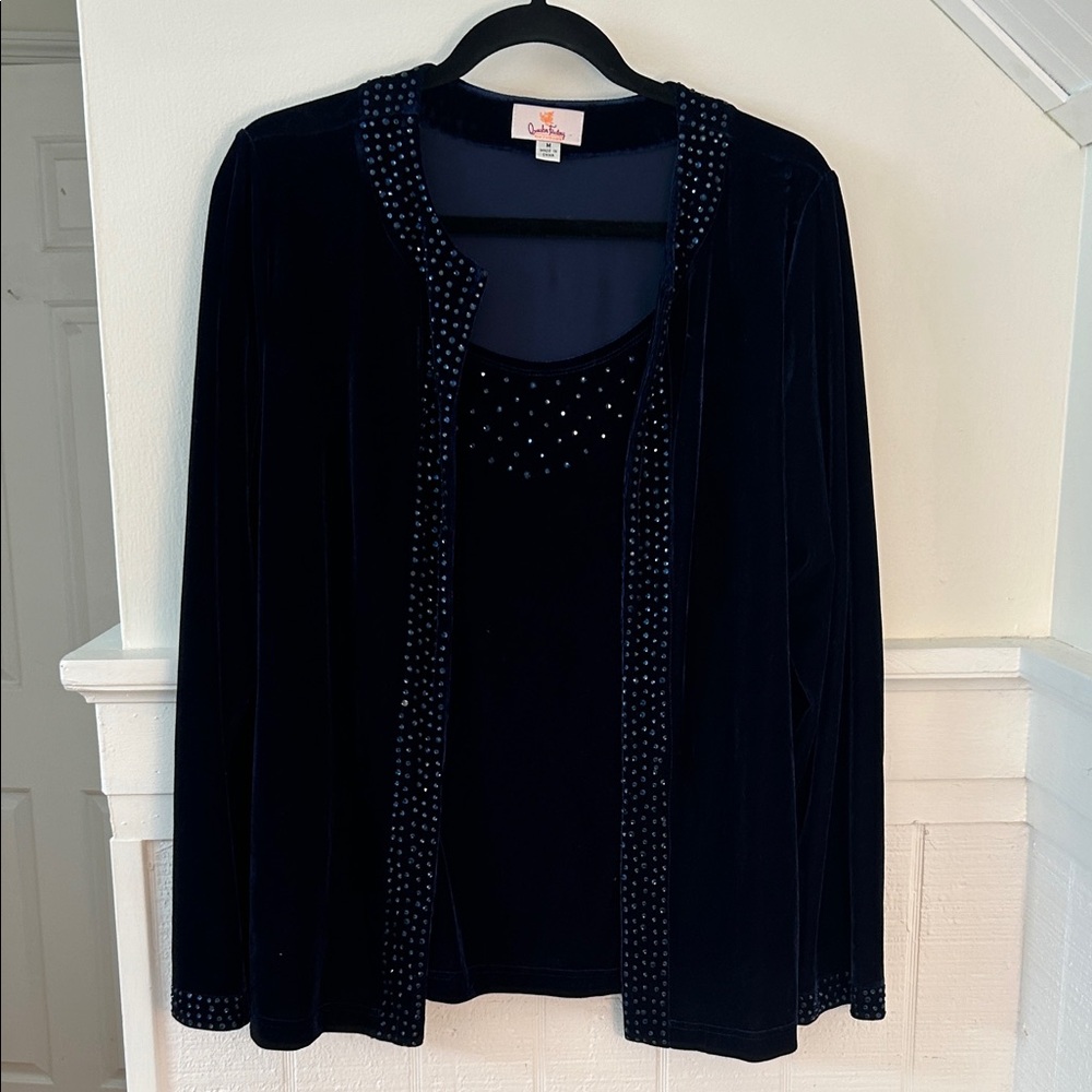 Quacker Factory Navy Blue Bejeweled Velvet Top size Women’s Medium